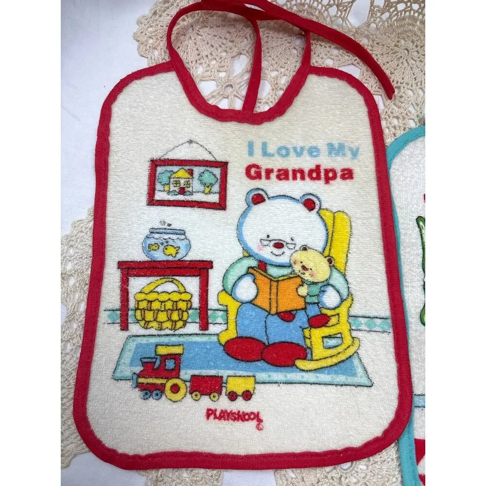 Vintage Playskool Terry Plastic Tie Neck Bibs 1990s I Love My Grandma /Grandpa